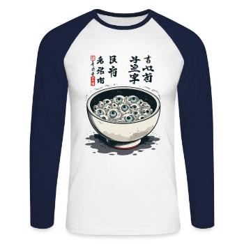 Yokai Ramen Ukiyo-E Horreur Kanji Design - T-shirt baseball manches longues Homme - blanc/marine - Devant - Nik (191cm)