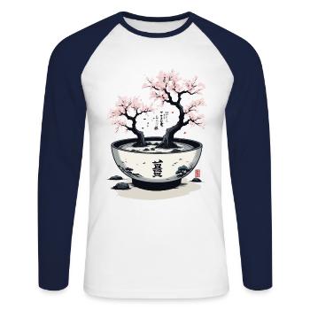Japanische Kirschblüten Ukiyo-E Kanji Ästhetik - Unisex Baseballshirt langarm - Weiß/Navy - Vorne - Nik (191cm)