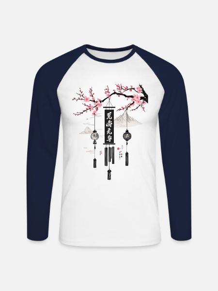 Asiatische Windglocken Kirschblüten Kunst - Unisex Baseballshirt langarm - Weiß/Navy