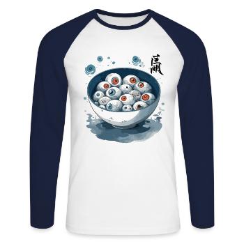 Globe oculaire Ramen Ukiyo-E Occulte Japon Art - T-shirt baseball manches longues Homme - blanc/marine - Devant - Nik (191cm)