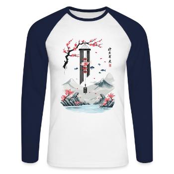 Ukiyo-E Cherry Blossom Pisces Wind Bells Design - Unisex Long Sleeve Baseball T-Shirt - white/navy - Front - Nik (191cm)