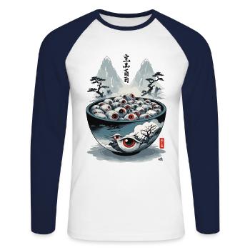 Yokai Ramen soupe démon Ukiyo-e Halloween Art - T-shirt baseball manches longues Homme - blanc/marine - Devant - Nik (191cm)