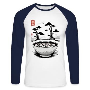Yokai Ramen soupe de nouilles Ukiyo-E Halloween Art - T-shirt baseball manches longues Homme - blanc/marine - Devant - Nik (191cm)