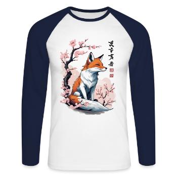 Magic Fox Cherry Blossoms Japan Kanji Design - Unisex Long Sleeve Baseball T-Shirt - white/navy - Front - Nik (191cm)