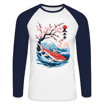 Vintage Ukiyo-E Koi Karpfen Kirschblüten Design - Unisex Baseballshirt langarm - Weiß/Navy - Vorne - Nik (191cm)