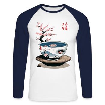 Yokai Cherry Blossom Tea Retro Japan Design - T-shirt baseball manches longues Homme - blanc/marine - Devant - Nik (191cm)