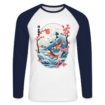 Vintage Ukiyo-E Koi Karpfen Kirschblüten Design - Unisex Baseballshirt langarm - Weiß/Navy - Vorne - Nik (191cm)