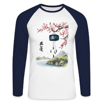 Japanese Landscape Retro Ukiyo-E Wind Bells - Unisex Long Sleeve Baseball T-Shirt - white/navy - Front - Nik (191cm)