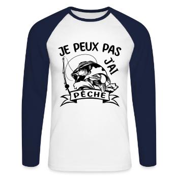 Je Peux Pas J'ai Pêche - T-shirt baseball manches longues Homme - blanc/marine - Devant - Nik (191cm)