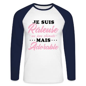 Mürrisches, aber liebenswertes personalisiertes Humorgeschenk - Unisex Baseballshirt langarm - Weiß/Navy - Vorne - Nik (191cm)