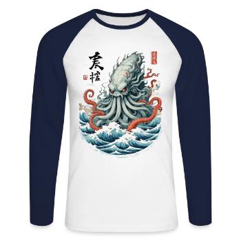 Ukiyo-E Kraken Yokai Monster Vintage Japon Design - T-shirt baseball manches longues Homme - blanc/marine - Devant - Nik (191cm)