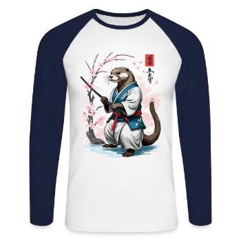 Lustigers Japon Vintage samouraï loutre Anime Design - T-shirt baseball manches longues Homme - blanc/marine - Devant - Nik (191cm)