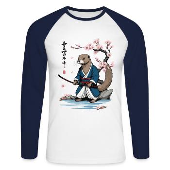 Cute Samurai Otter Cherry Blossom Ukiyo-E Design - Unisex Long Sleeve Baseball T-Shirt - white/navy - Front - Nik (191cm)