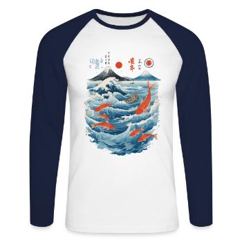 Japon Pêche Poisson Ukiyo-E Vintage Streetwear - T-shirt baseball manches longues Homme - blanc/marine - Devant - Nik (191cm)