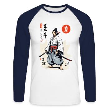 Vintage Japan Samurai with Katana Retro Streetwear - Unisex Long Sleeve Baseball T-Shirt - white/navy - Front - Nik (191cm)