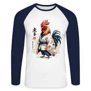 Kimono Poulet Japonais Esthétique Streetwear - T-shirt baseball manches longues Homme - blanc/marine - Devant - Nik (191cm)