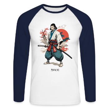 Retro Samurai Ninja Ukiyo-E Swordsman Design - Unisex Long Sleeve Baseball T-Shirt - white/navy - Front - Nik (191cm)