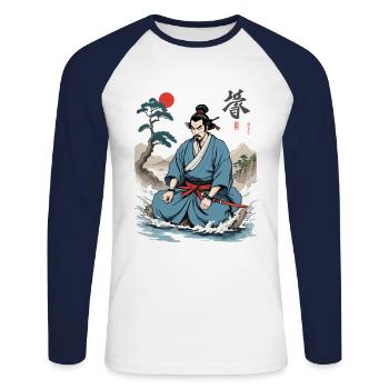Samouraï Ukiyo-E Retro Streetwear Japon Esthétique - T-shirt baseball manches longues Homme - blanc/marine - Devant - Nik (191cm)