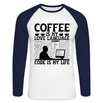 Café Codage Programmeur Codeur Développeur Nerd Coff - T-shirt baseball manches longues Homme - blanc/marine - Devant - Nik (191cm)