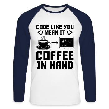 Café Codage Programmeur Codeur Développeur Nerd Coff - T-shirt baseball manches longues Homme - blanc/marine - Devant - Nik (191cm)