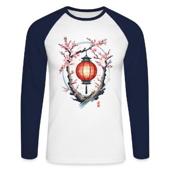Japan Cherry Blossom Lantern Streetwear Aesthetic - Unisex Long Sleeve Baseball T-Shirt - white/navy - Front - Nik (191cm)