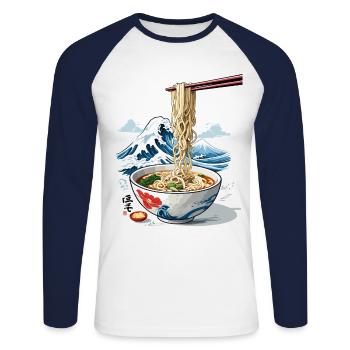 Ukiyo-E Ramen Wave Vintage Ukiyo-E Japon Design - T-shirt baseball manches longues Homme - blanc/marine - Devant - Nik (191cm)