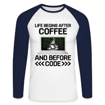 Café Codage Programmeur Codeur Développeur Nerd Coff - T-shirt baseball manches longues Homme - blanc/marine - Devant - Nik (191cm)