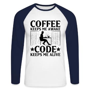 Café Codage Programmeur Codeur Développeur Nerd Coff - T-shirt baseball manches longues Homme - blanc/marine - Devant - Nik (191cm)