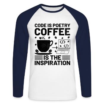 Café Codage Programmeur Codeur Développeur Nerd Coff - T-shirt baseball manches longues Homme - blanc/marine - Devant - Nik (191cm)