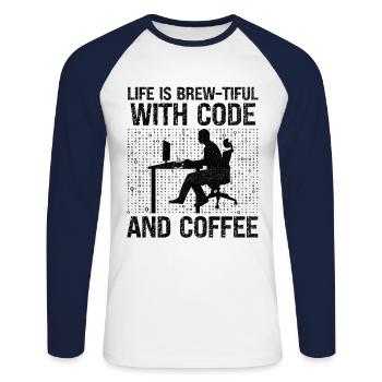 Café Codage Programmeur Codeur Développeur Nerd Coff - T-shirt baseball manches longues Homme - blanc/marine - Devant - Nik (191cm)