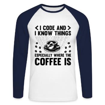 Café Codage Programmeur Codeur Développeur Nerd Coff - T-shirt baseball manches longues Homme - blanc/marine - Devant - Nik (191cm)