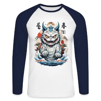Asian Cats Ukiyo-E Color Woodblock Design - Unisex Long Sleeve Baseball T-Shirt - white/navy - Front - Nik (191cm)