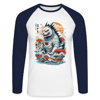 Ukiyo-E Cat Monster Tokyo Cat Streetwear - Unisex Long Sleeve Baseball T-Shirt - white/navy - Front - Nik (191cm)