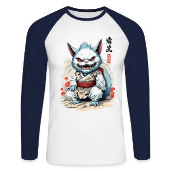Japonais Yokai Chat Streetwear Esthétique Chats - T-shirt baseball manches longues Homme - blanc/marine - Devant - Nik (191cm)