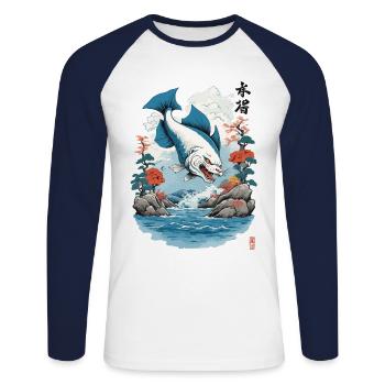 Ukiyo-E Catfish Japan Cat Streetwear Style - Unisex Long Sleeve Baseball T-Shirt - white/navy - Front - Nik (191cm)
