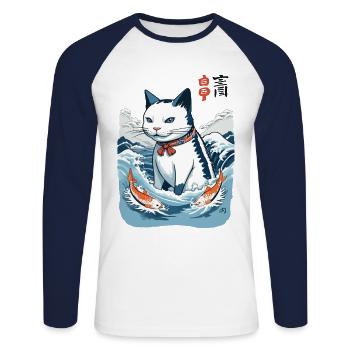 Ukiyo-E Katze beim Fischen Japan Kunst Streetwear - Unisex Baseballshirt langarm - Weiß/Navy - Vorne - Nik (191cm)