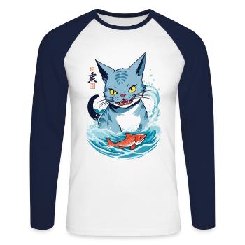 Cat Love Anime Aesthetic Streetwear Design - Unisex Long Sleeve Baseball T-Shirt - white/navy - Front - Nik (191cm)