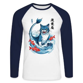 Catfish Japon Chat Esthétique Anime Streetwear - T-shirt baseball manches longues Homme - blanc/marine - Devant - Nik (191cm)