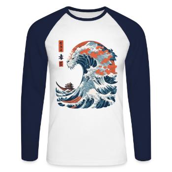 Monster Wave Japon Ukiyo-E Streetwear Vintage - T-shirt baseball manches longues Homme - blanc/marine - Devant - Nik (191cm)