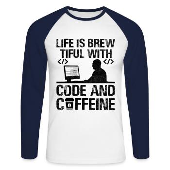 Café Codage Programmeur Codeur Développeur Nerd Coff - T-shirt baseball manches longues Homme - blanc/marine - Devant - Nik (191cm)