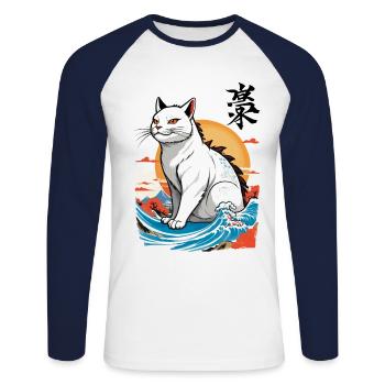 Ukiyo-E Cats Monster Japan Wave Streetwear - Unisex Long Sleeve Baseball T-Shirt - white/navy - Front - Nik (191cm)