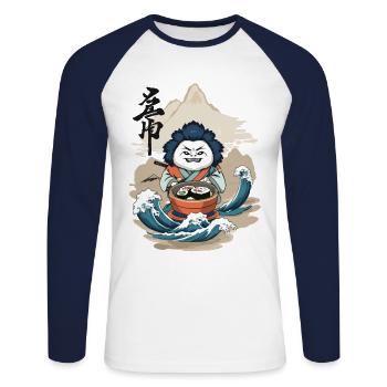 Sushi Yokai Monster Japan Esthétique Streetwear - T-shirt baseball manches longues Homme - blanc/marine - Devant - Nik (191cm)
