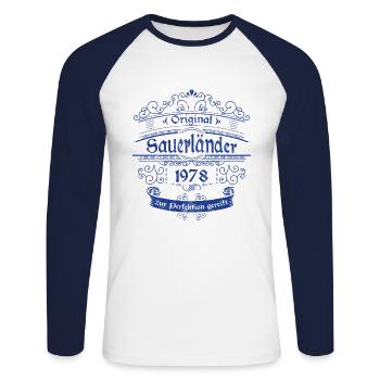 1978 Geburtstag Sauerländer Original Whiskey blau - Unisex Baseballshirt langarm - Weiß/Navy - Vorne - Nik (191cm)