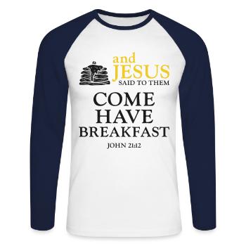 Pancake Lover Kids Bible Quote - Unisex Long Sleeve Baseball T-Shirt - white/navy - Front - Nik (191cm)