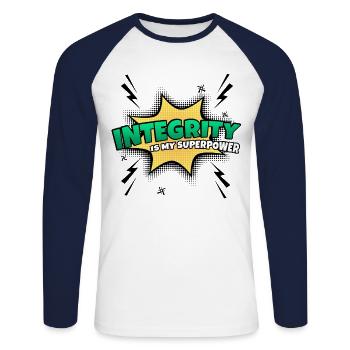 L’intégrité est mon trait de caractère - T-shirt baseball manches longues Homme - blanc/marine - Devant - Nik (191cm)