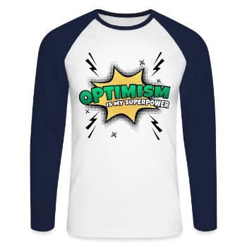 Optimismus Ist Meine Superkraft Eigenschaft - Unisex Baseballshirt langarm - Weiß/Navy - Vorne - Nik (191cm)