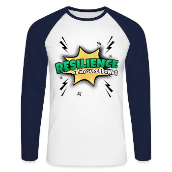 La résilience est mon superpouvoir - T-shirt baseball manches longues Homme - blanc/marine - Devant - Nik (191cm)