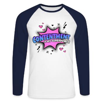 Contentment is my superpower trait - Unisex Long Sleeve Baseball T-Shirt - white/navy - Front - Nik (191cm)
