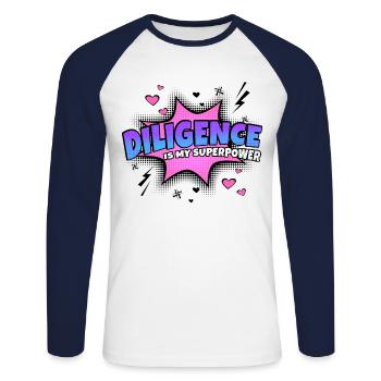 Fleiß Ist Meine Superkraft Eigenschaft - Unisex Baseballshirt langarm - Weiß/Navy - Vorne - Nik (191cm)