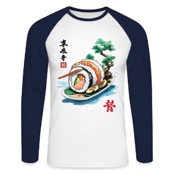 Sushi Aesthetic Japan Ukiyo-E Vintage Kunst - Unisex Baseballshirt langarm - Weiß/Navy - Vorne - Nik (191cm)